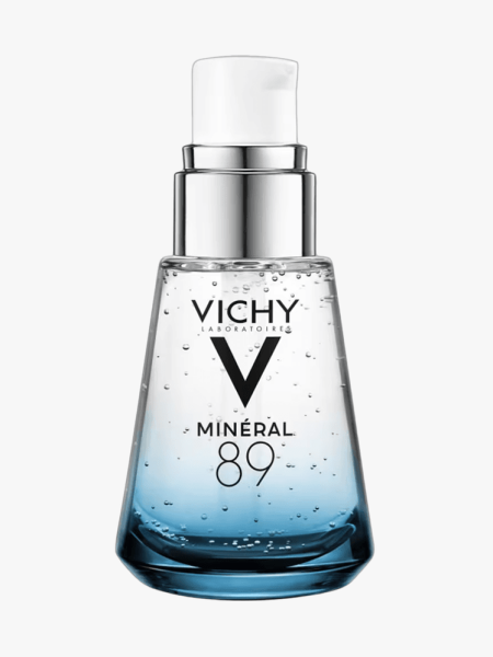 Vichy Minéral 89 Hyaluronic Acid Serum in branded bottle component on a light gray background
